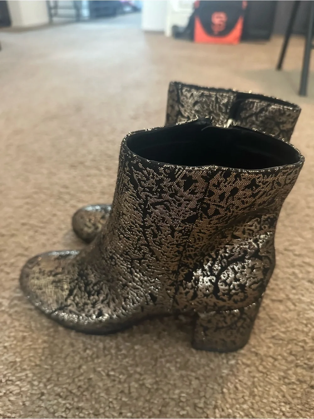 Indigo Black and Gold Patterned Ankle Boots